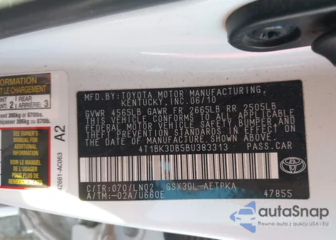 2011 Toyota Avalon Limited z USA, uszkodzony, nr VIN 4T1BK3DB5BU383313